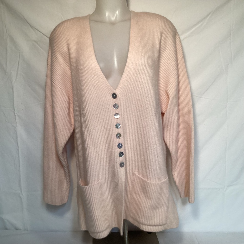 Adele Joyce Vintage Pink Lambswool Angora Ribbed Knit Cardigan Sweater Women’s